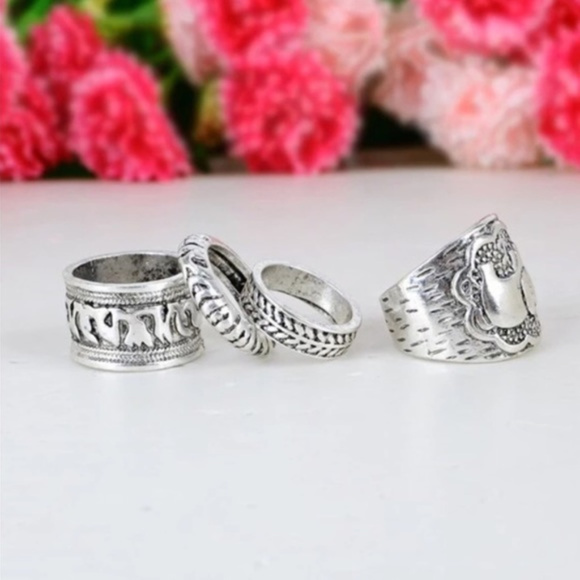 4 Pcs Punk Vintage Boho Antique Elephant Ring Set - Picture 2 of 3